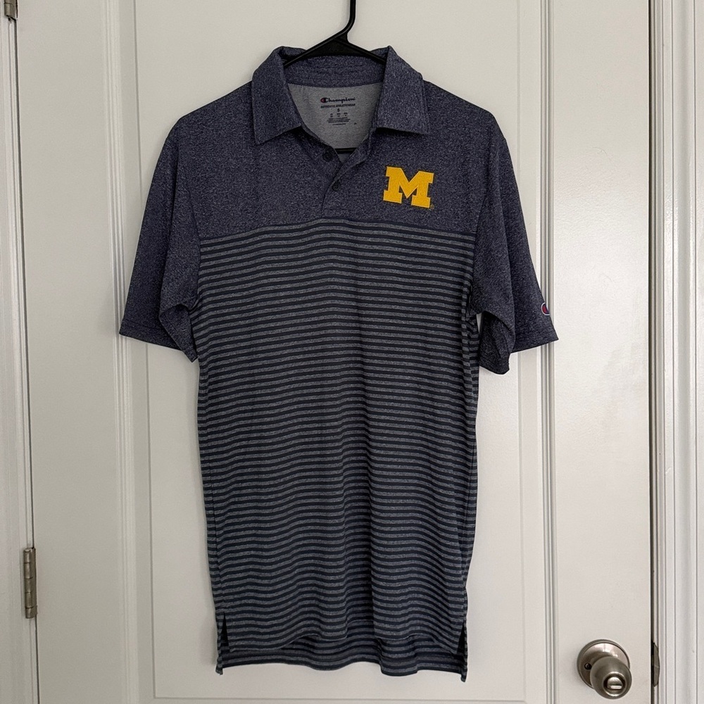 Champion Michigan Wolverines Embroidered Men's Navy Gray Striped Polo Shirt Sz S - Picture 7 of 7